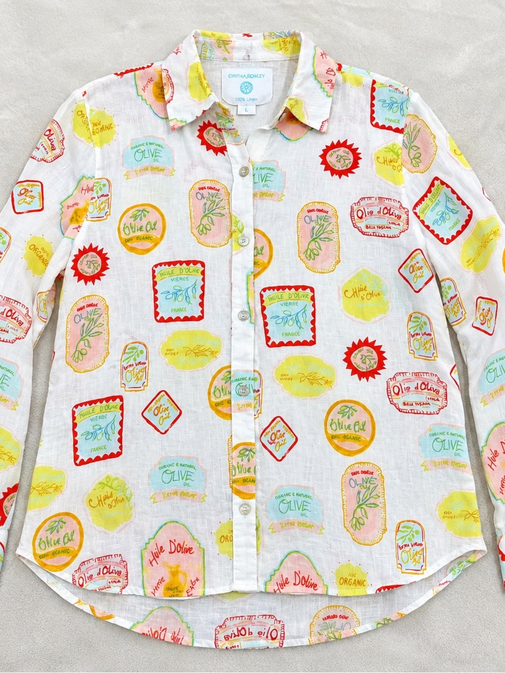 Cynthia Rowley 100% Linen Olive Oil Print Shirt L